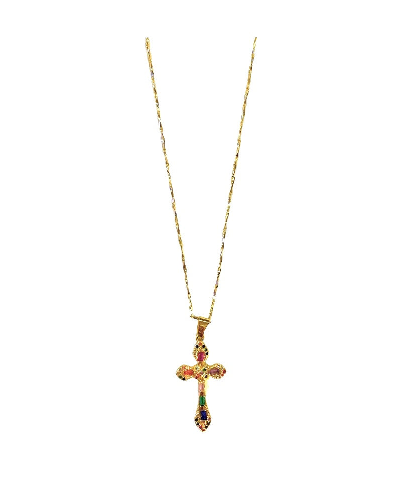 Gemstone Cross Necklace 18k Gold Filled CZ