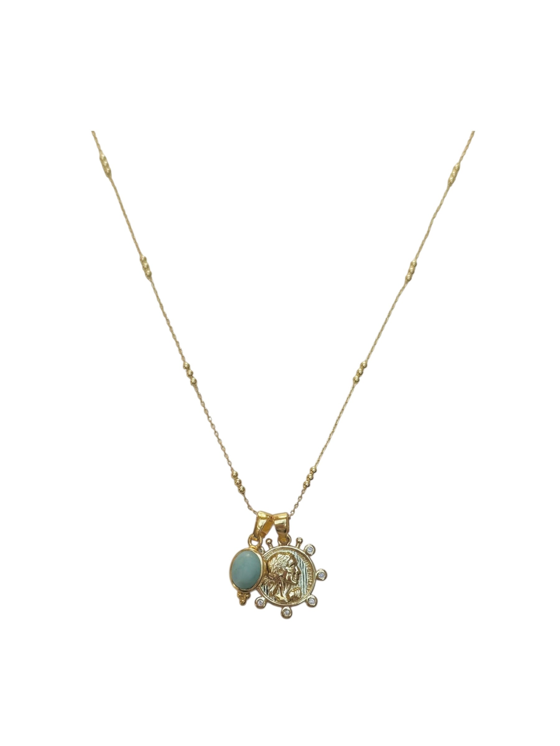 Unique Larimar and roman coin necklace for layering necklaces Lilith Necklace