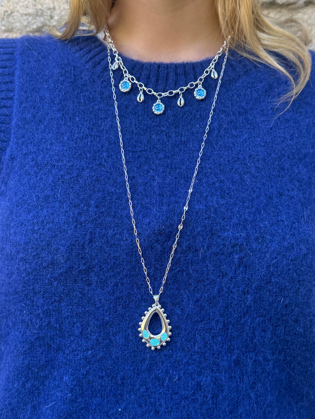 Silver Delilah Long Necklace in Aqua