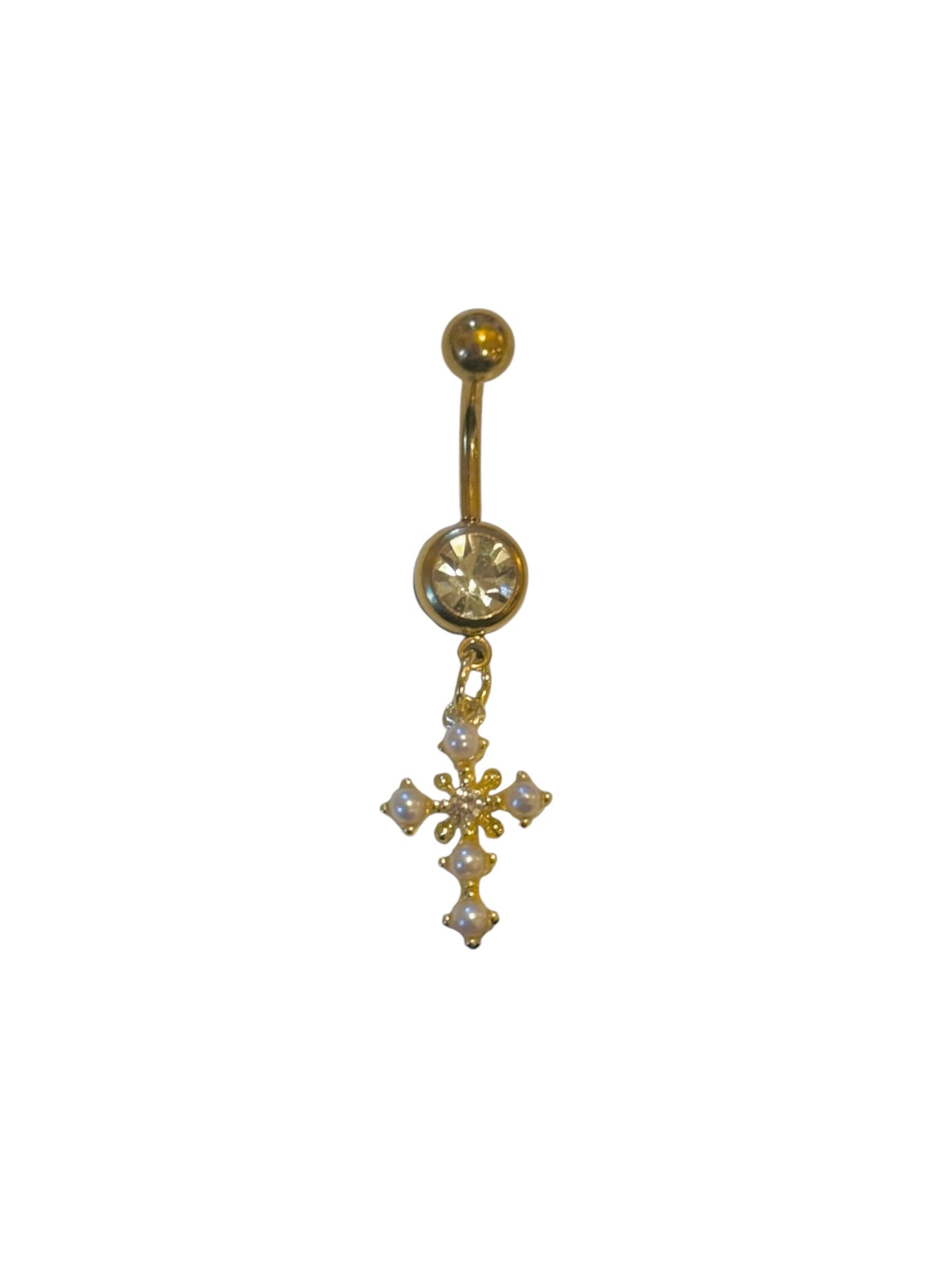 Gold Pearl Cross Belly Bar