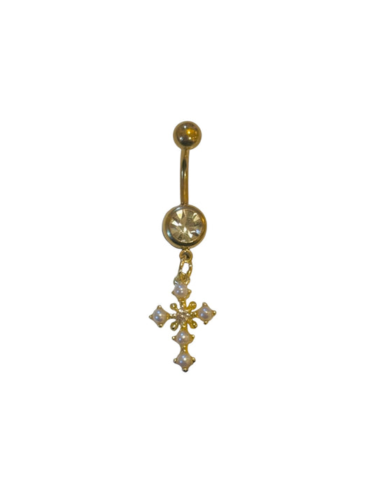 Gold Pearl Cross Belly Bar