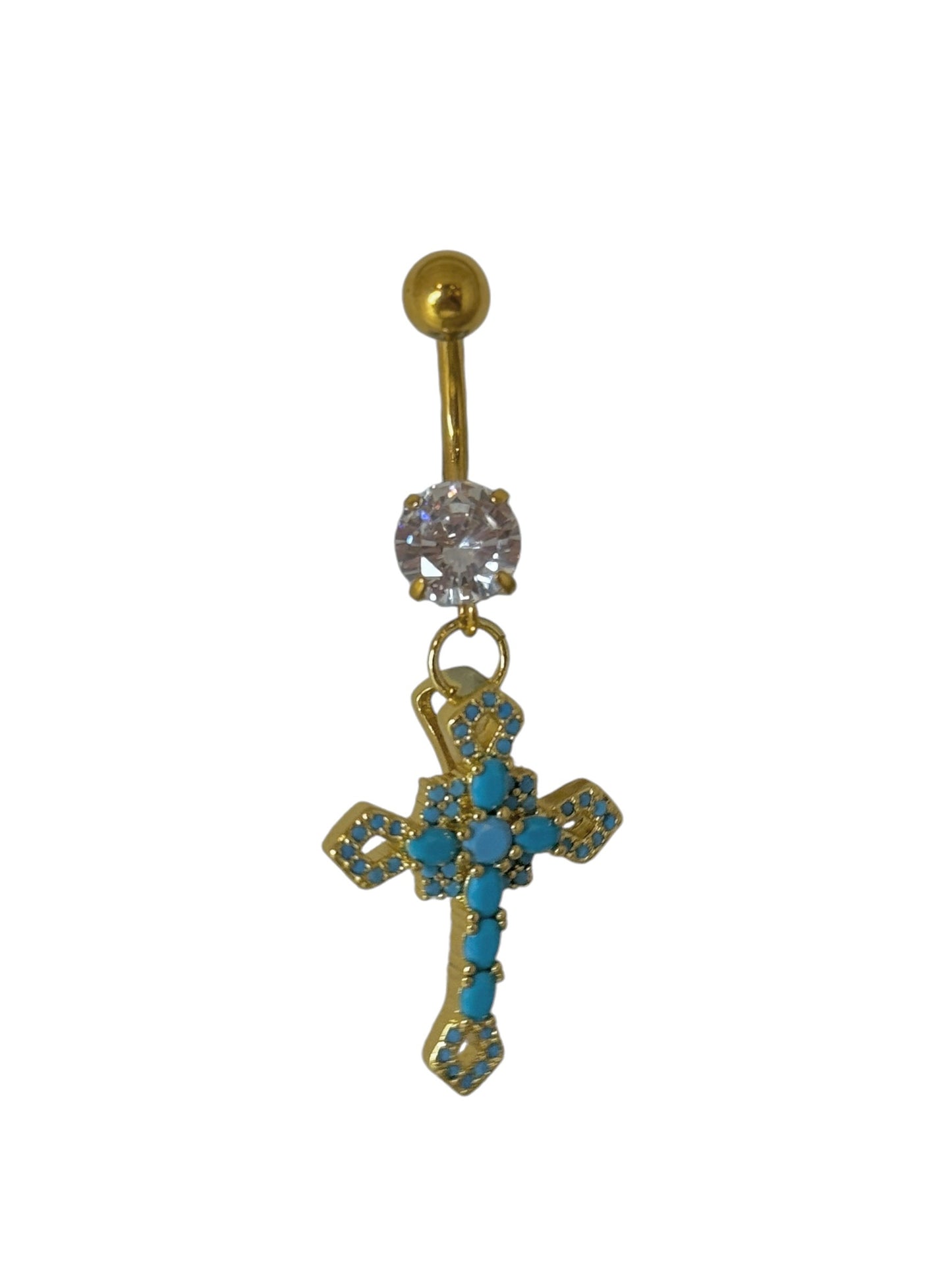 Gold Turquoise Cross Belly Bar