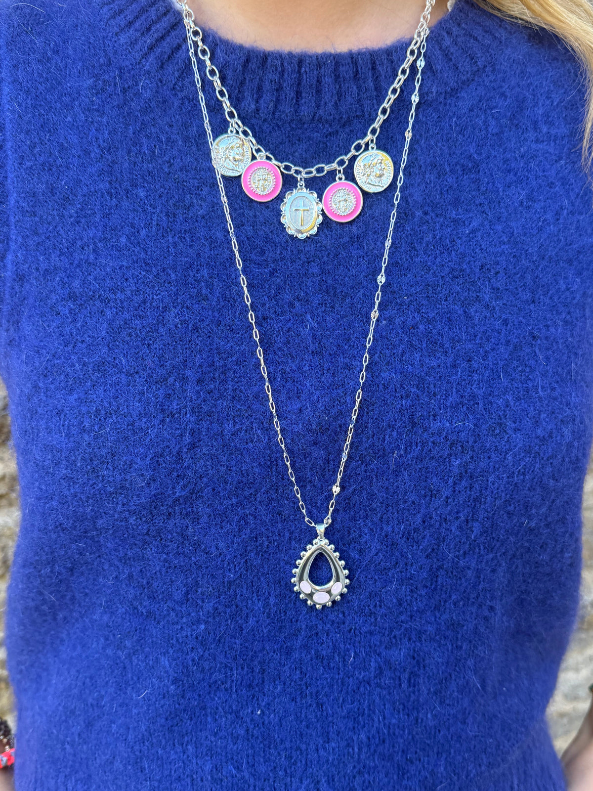 Silver Delilah Long Necklace in Pink