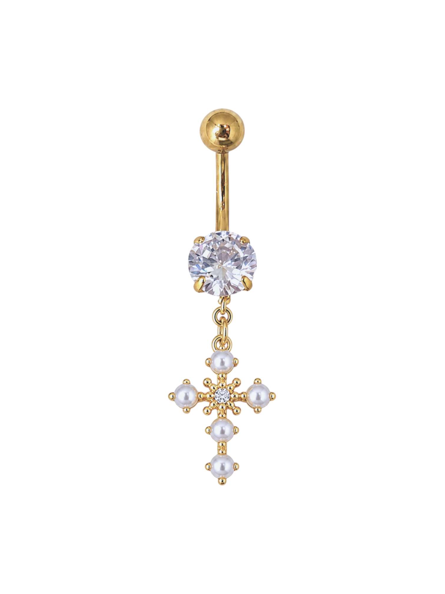 Gold Pearl Cross Belly Bar
